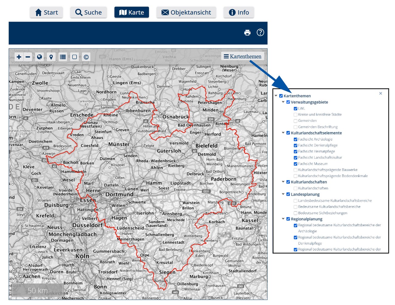 Die Karte in LWL-GeodatenKultur beim ersten Öffnen der Seite Karte. (Zum vergrößern auf das Bild klicken.)