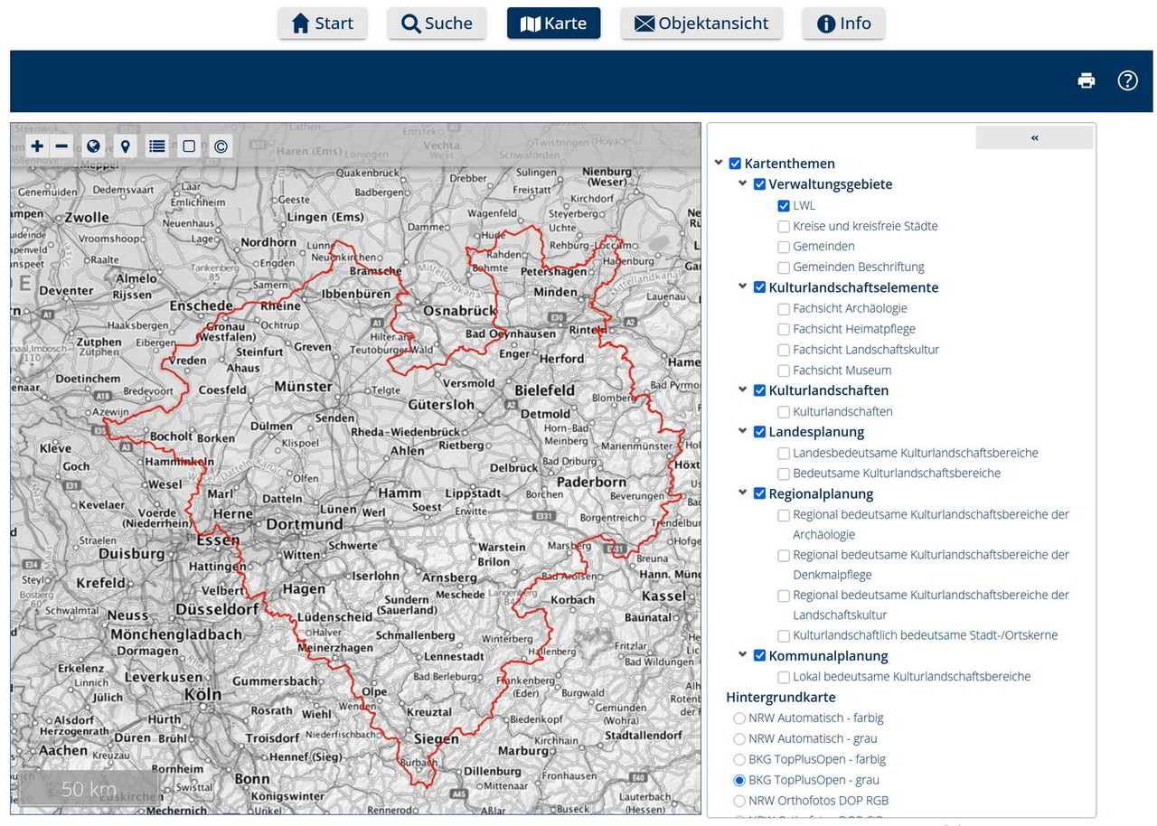 Die Karte in LWL-GeodatenKultur beim ersten Öffnen der Seite Karte. (Zum vergrößern auf das Bild klicken.)